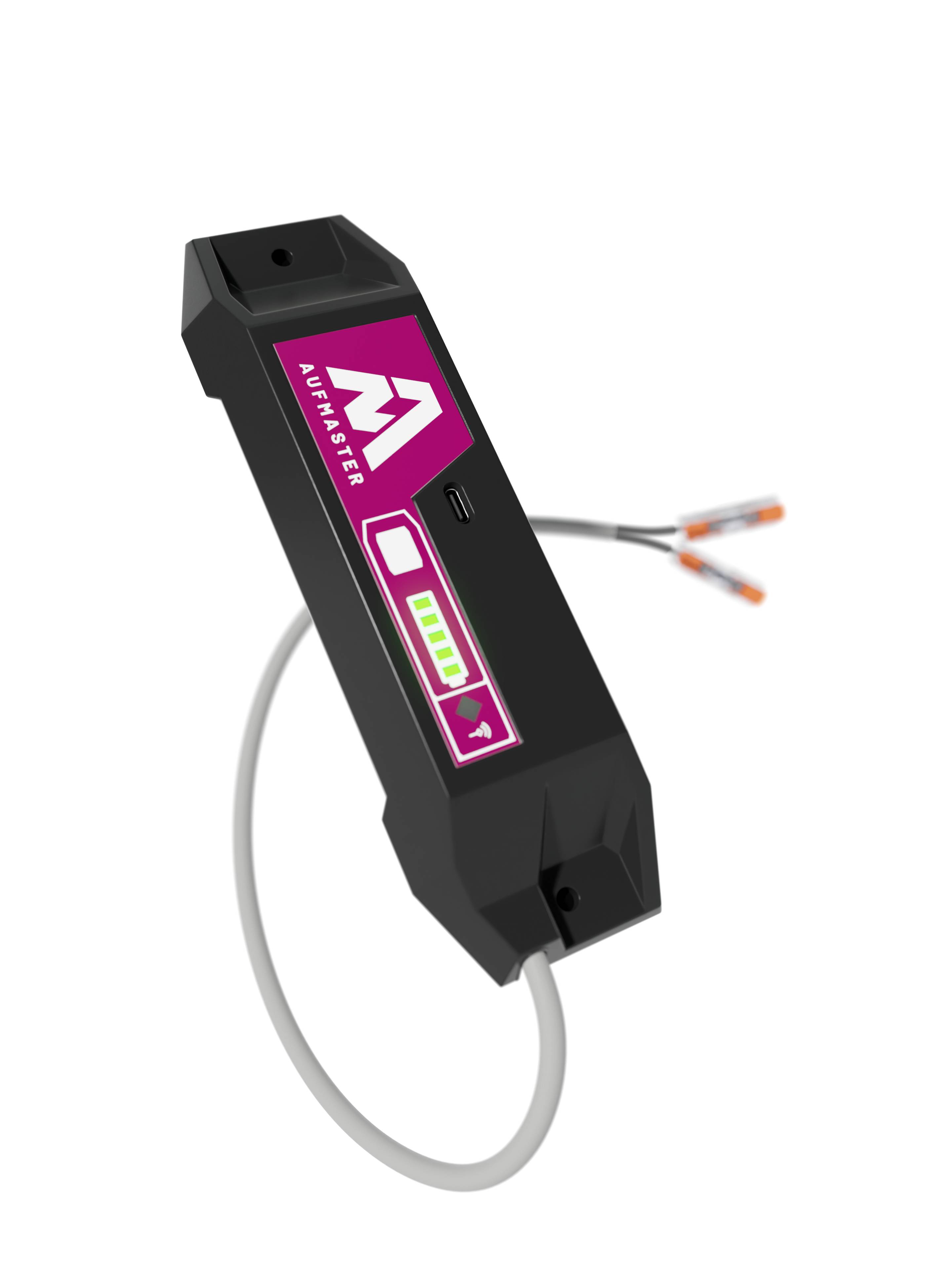 Egy fekete elektronikus érzékelő lila címkével, kábel csatlakozóval és LED-jelzőfénnyel, amelyet eszközök vezérlésére és megfigyelésére használnak.