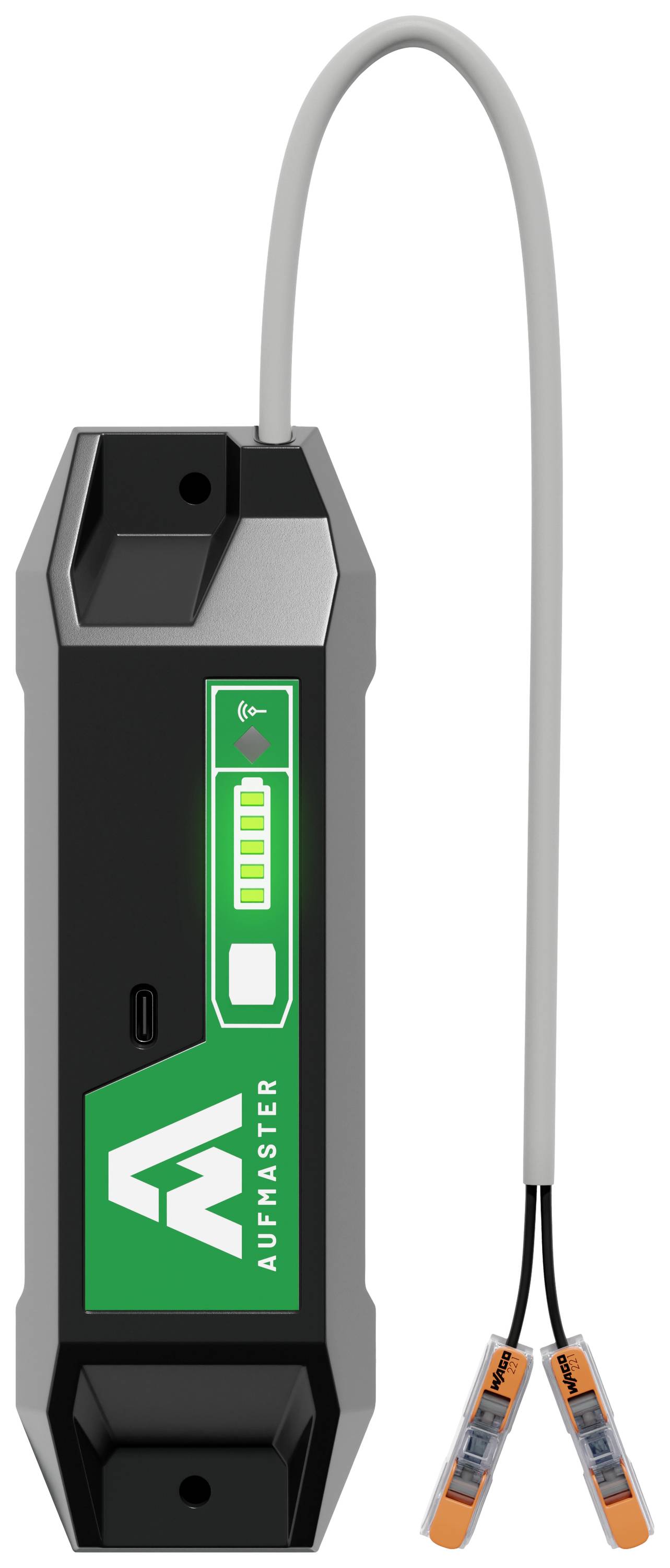 Egy fekete elektronikus töltőkészülék zöld akkumulátor-állapotjelzővel és szürke kábellel, amelynek két narancssárga csatlakozója van.
