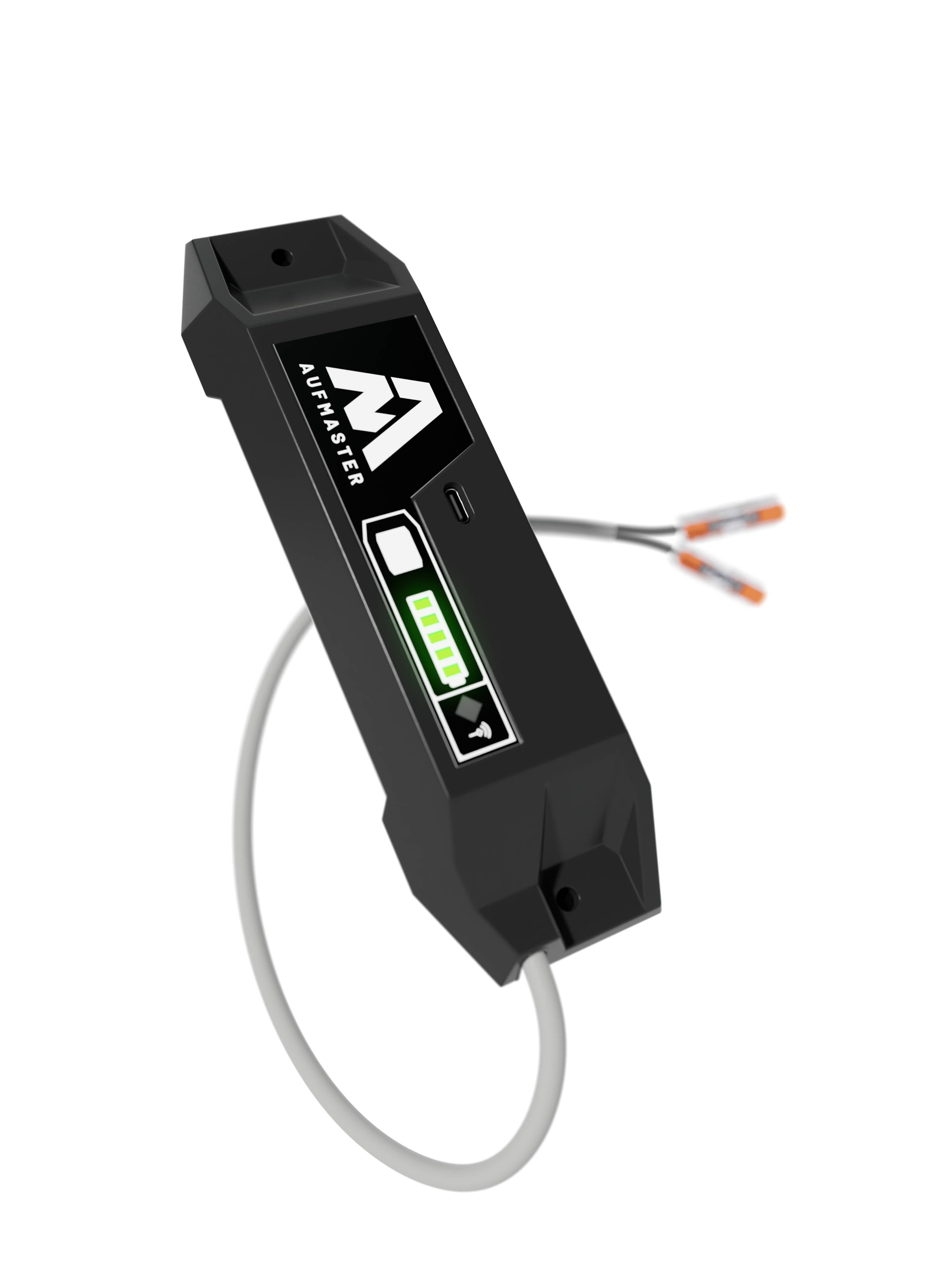 Egy fekete elektromos érzékelő aktivitásjelzővel és bekötött kábelezéssel. A márkalogó és a jelzőlámpák láthatóak.