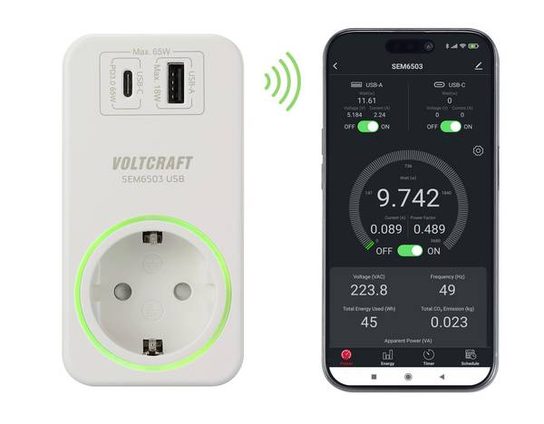 VOLTCRAFT SEM6503 Energiafogyasztás mérő USB csatlakozó, USB mérés (töltő teljesítmény), Rádiójel vezérlésű dugaszoló aljzat, Adatexport, Adatgyűjtő funkció, Költség előrejelzés, TRMS, Beállítható áramtarifa, Alkalmazás vezérléssel, Internet kapcsolat