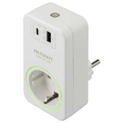 Voltcraft áramfogyasztás-mérő USB-csatlakozókkal és hálózati aljzattal az energiafogyasztás nyomon követéséhez.