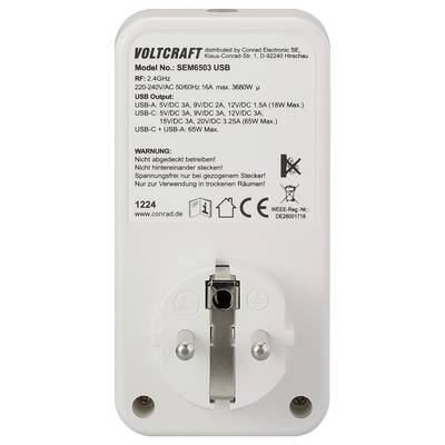 A Voltcraft SEM6503 USB hálózati adapter hátoldala műszaki specifikációkkal, USB-kimenetekkel és gyártói adatokkal.