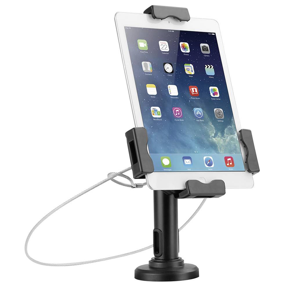 Egy tablet állványon, egy kábellel rögzítve. A képernyőn az indítóképernyő appjai láthatóak.