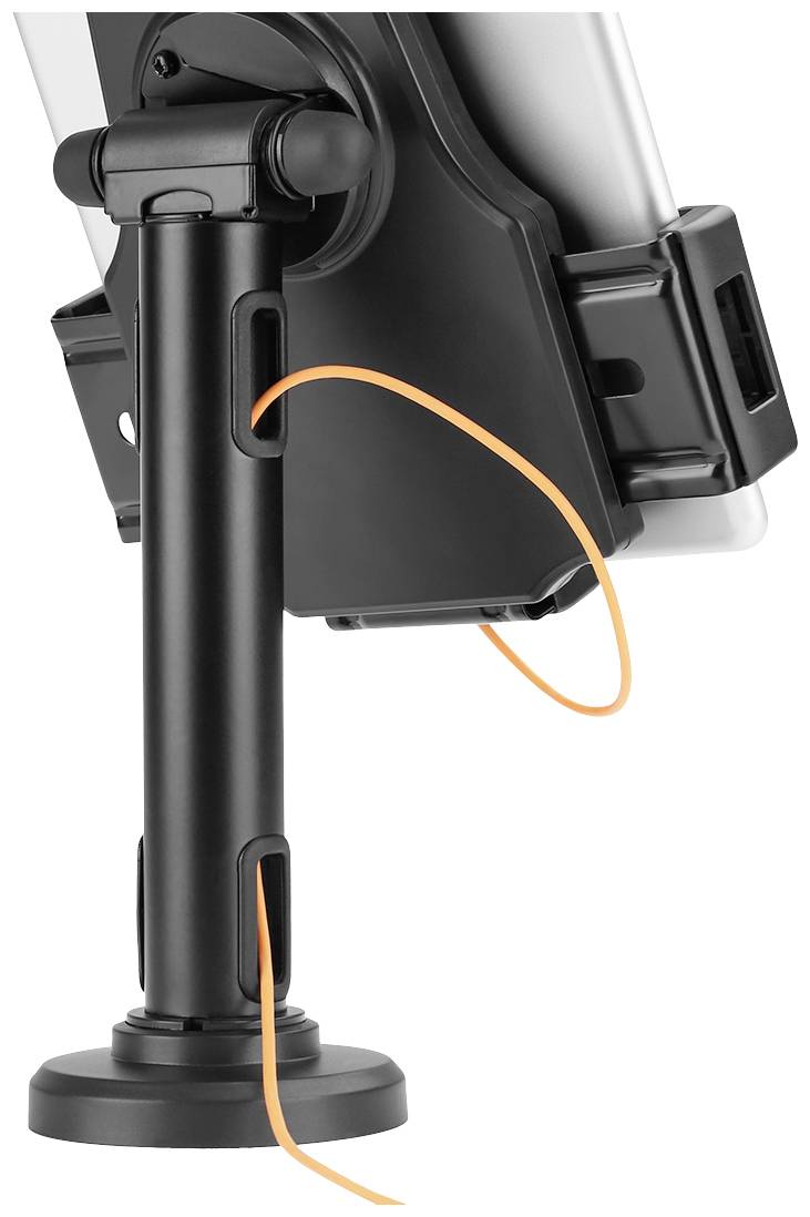 Egy fekete táblagép-tartó beépített kábel-rendszerezővel. Egy narancssárga kábel fut át a tartón.