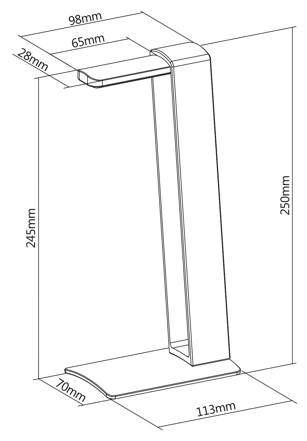 Modern lámpa vázlata méretekkel: magasság 250 mm, szélesség 113 mm, hosszabb kar 98 mm, rövidebb kar 28 mm, talp 70 mm széles.