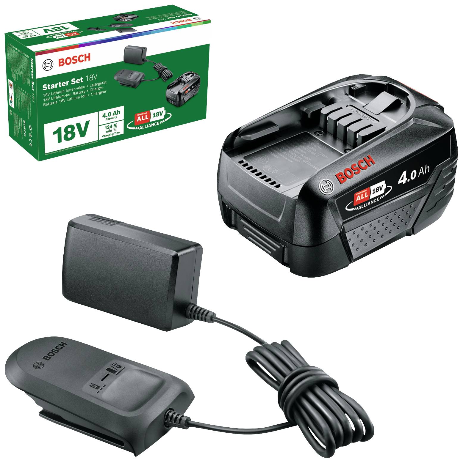 Töltő és 18V-os Bosch akkumulátor 4.0 Ah kapacitással, csomagolással együtt. Ideális vezeték nélküli elektromos szerszámokhoz.