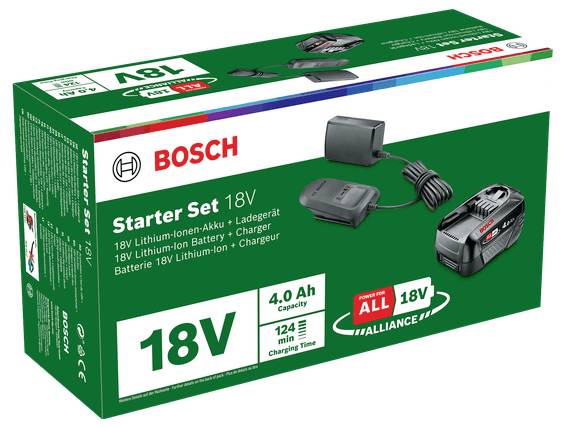 'Bosch Indító Szett 18V' 4,0 Ah akkumulátorral és töltővel akkumulátoros szerszámokhoz. Töltési idő 124 perc. Zöld csomagolás termékképekkel.