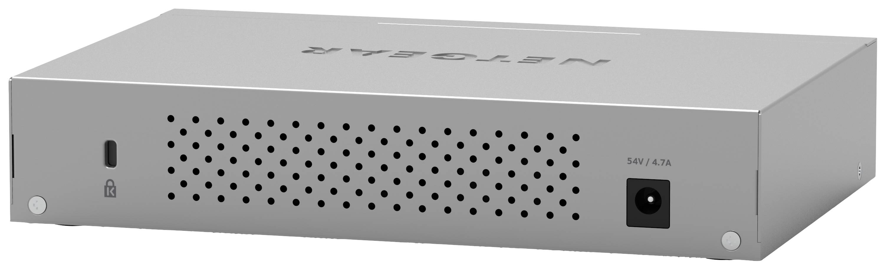 Szürke házban lévő hálózati switch szellőzőnyílásokkal, egy bemeneti csatlakozóval és egy kapcsolóval az elülső oldalán.