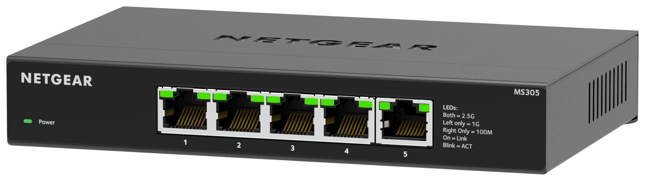 Hálózati switch öt Ethernet-porttal, Netgear M305 modell, alkalmas otthoni és irodai hálózatokhoz, LED-jelzésekkel a csatlakozási állapotról.