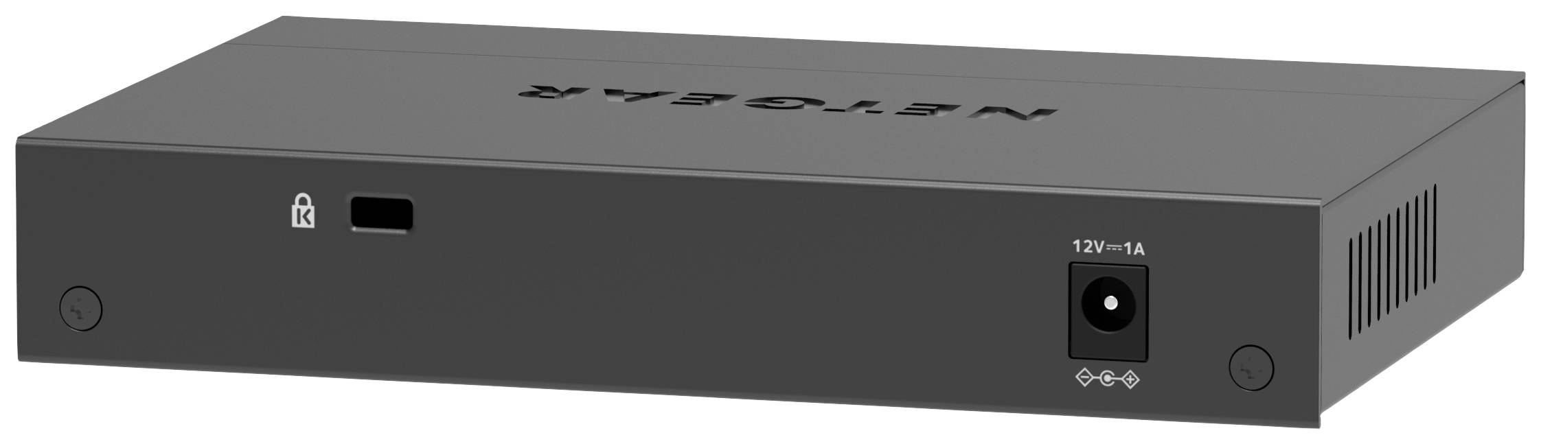 Fekete téglalapú elektronikus eszköz Netgear logóval a tetején, hálózati tápegység-csatlakozóval és egy lezárt lakat szimbólummal.