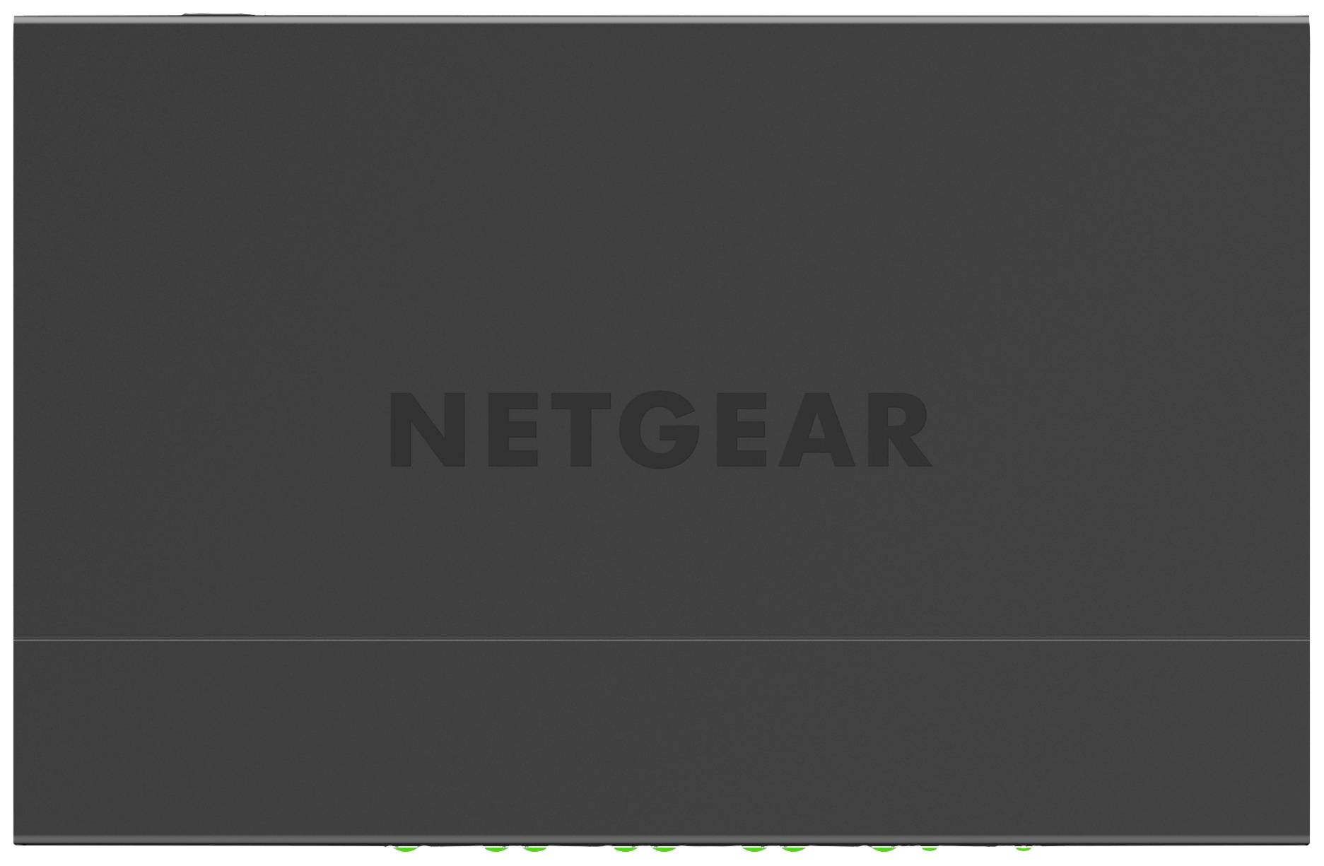 Fekete Netgear hálózati switch elölnézetben, alsó részén látható zöld LED-jelzőfényekkel.