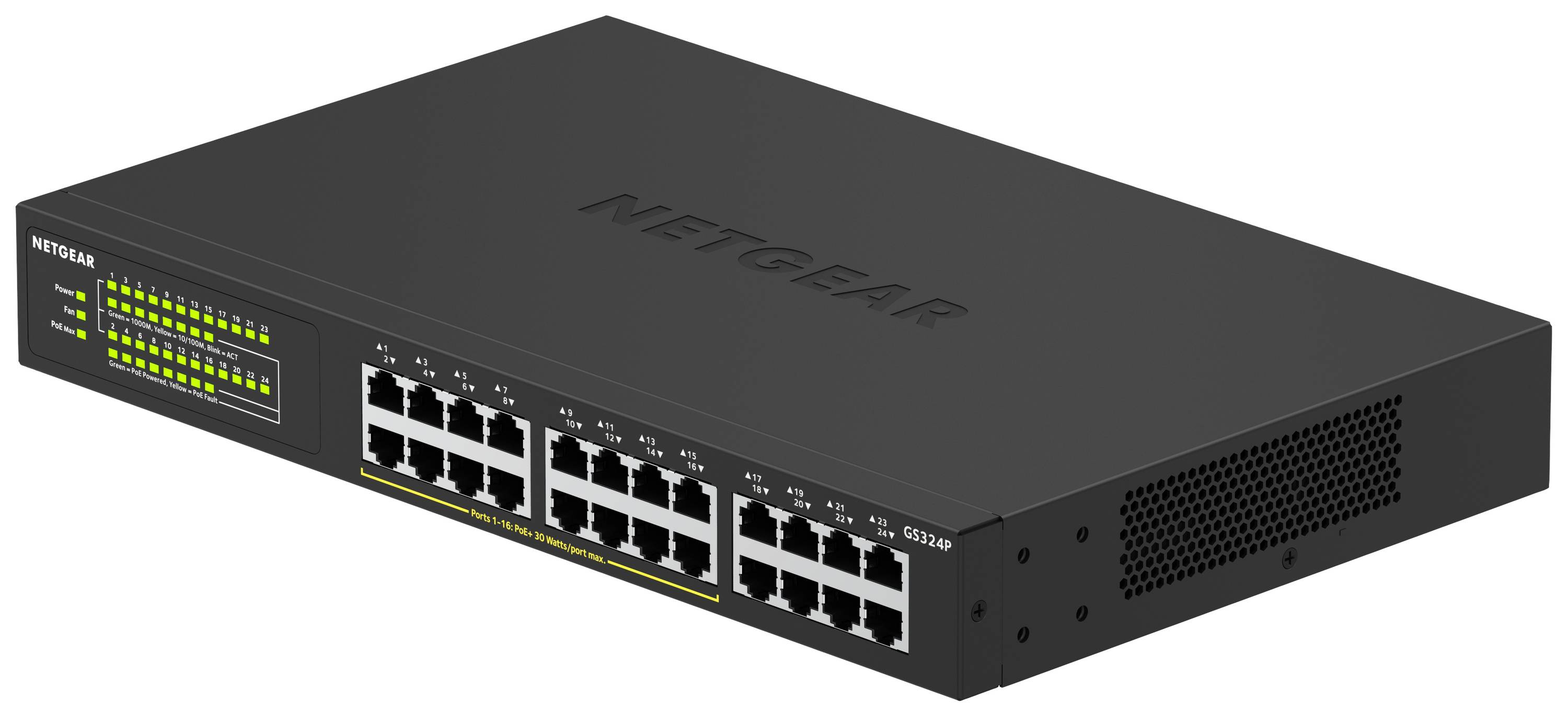 Egy Netgear GS324P típusú, fekete, 24 portos hálózati switch, PoE támogatással, vállalati hálózatokhoz tervezve.