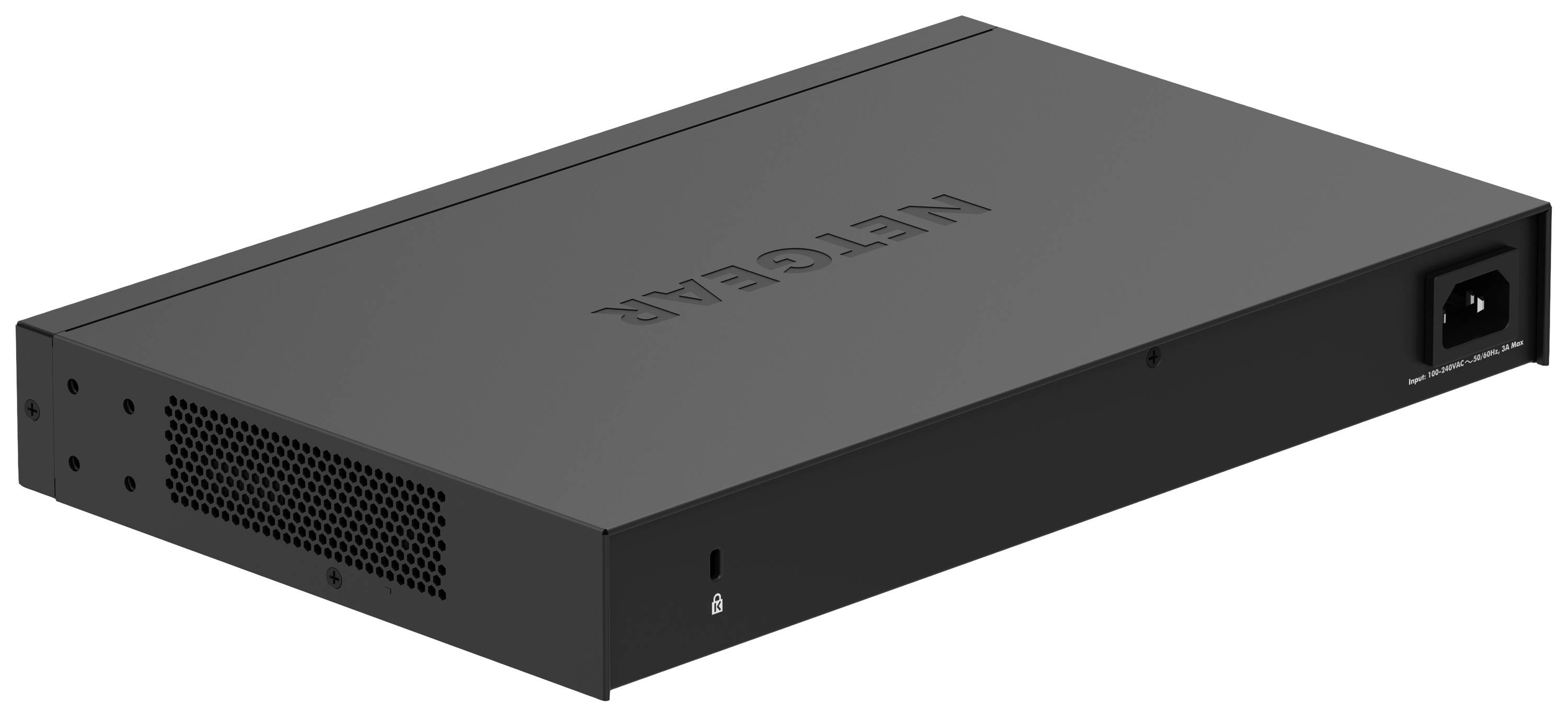Fekete hálózati eszköz NETGEAR logóval a tetején, szellőzőnyílásokkal baloldalon és elektromos csatlakozóval hátul, jobb oldalon.