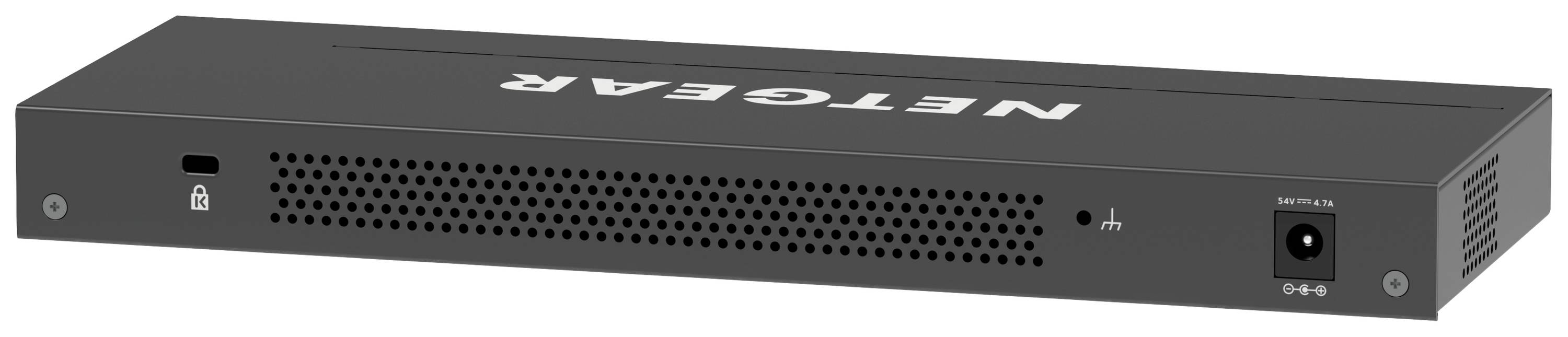 Egy fekete hálózati router, amelynek tetején a 'NETGEAR' felirat olvasható. Az előlapján szellőzőnyílások, csatlakozók és LED-ek láthatók.