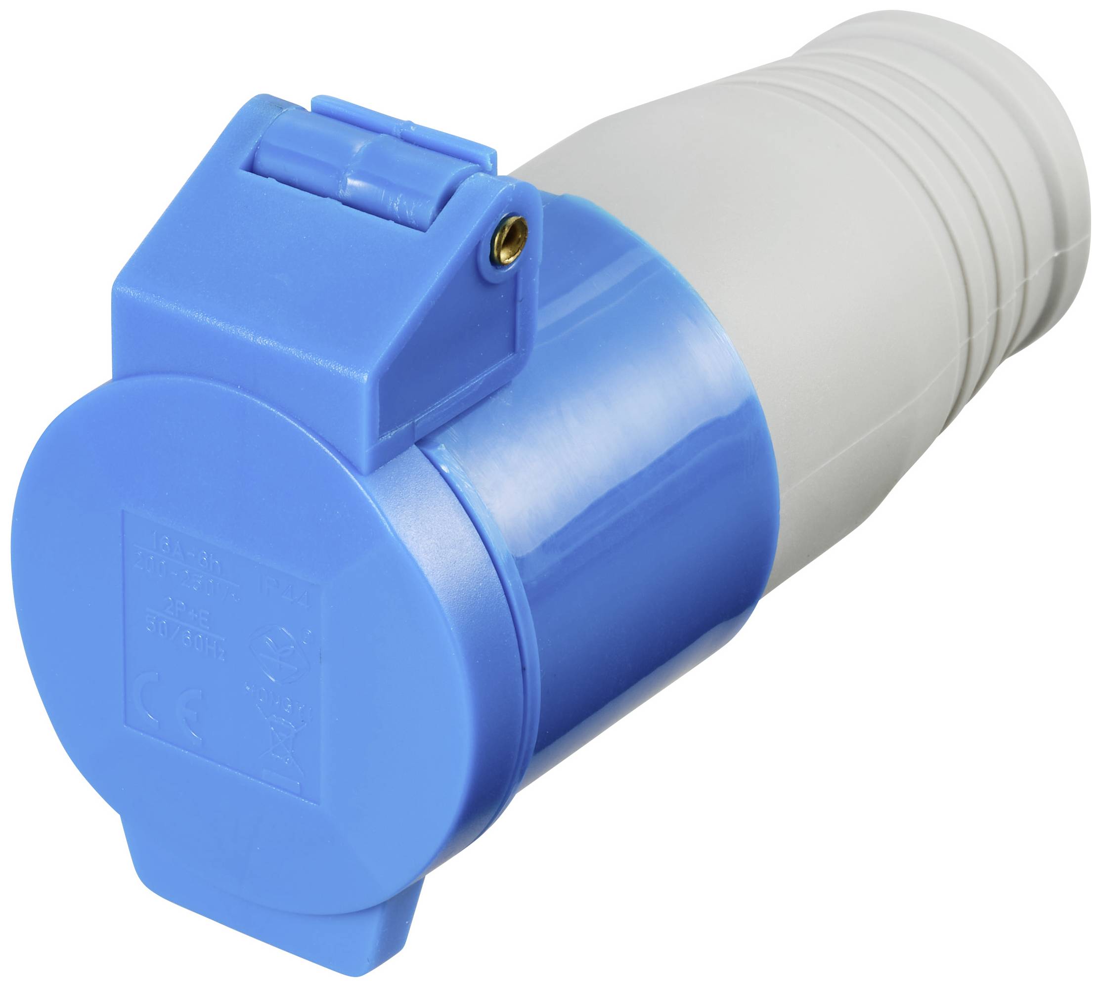 Egy kék és fehér ipari csatlakozó, amely jellemző a robusztus környezetben történő felhasználásra, CE-jelölést visel.