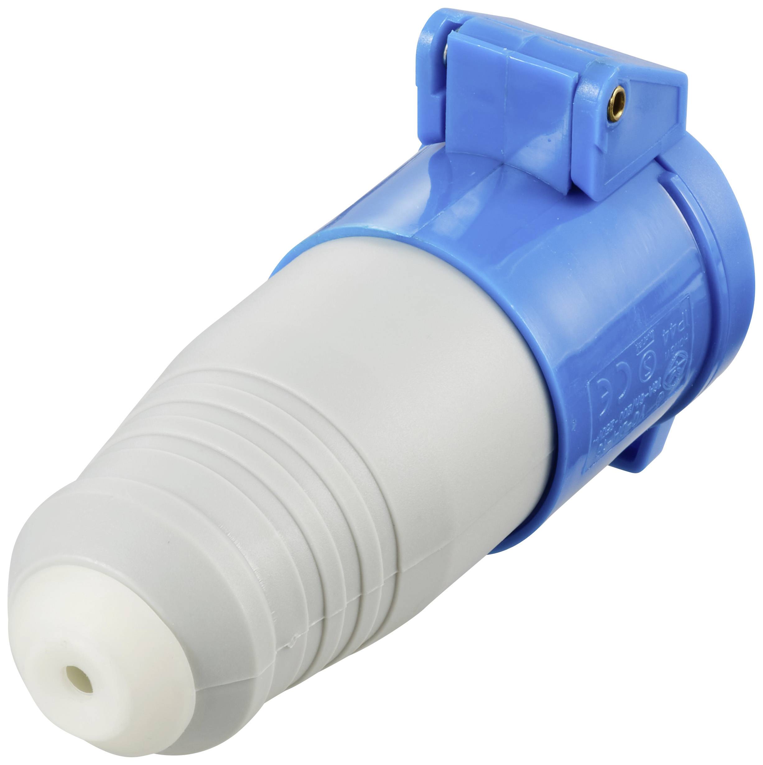 Egy kék és szürke ipari csatlakozódugó, amely robusztus elektromos csatlakozásokra alkalmas.