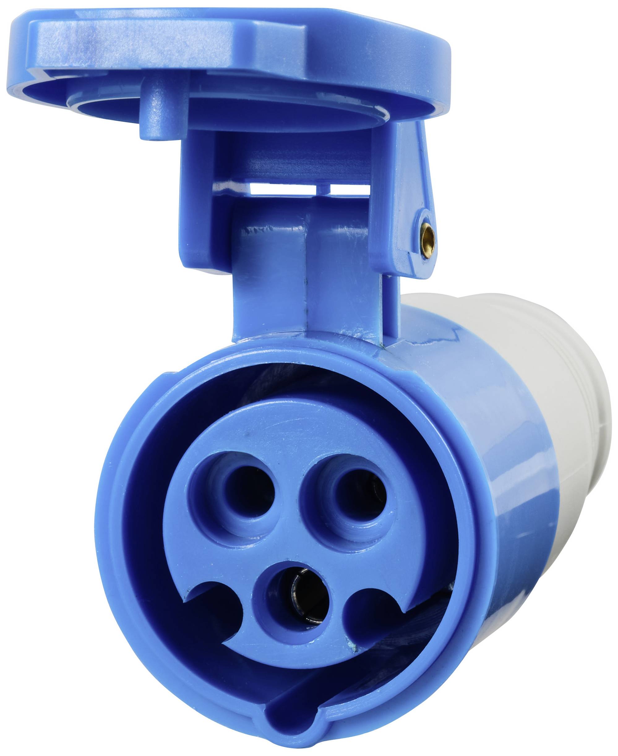 Egy nyitott fedelű kék 16A-CEE-csatlakozó, más néven caravándugó, három kerek csatlakozási nyílást mutat.