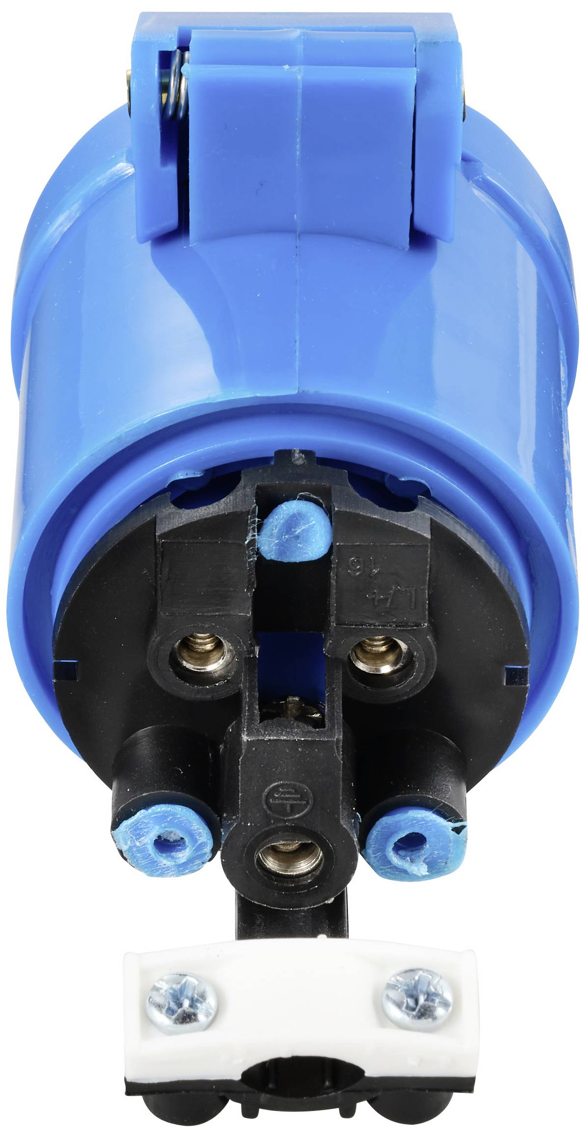 Egy kék dugaszadapter három kerek fémérintkezővel, amely elektromos csatlakozásokhoz alkalmas, elölnézetből ábrázolva.