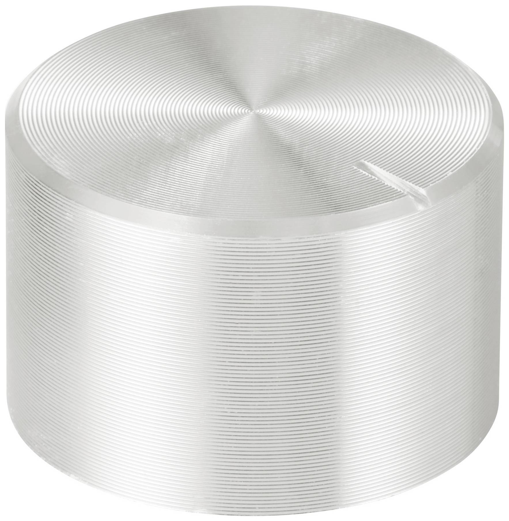 Egy ezüstös, hengeres fémgomb rovátkolt felülettel és egy apró réssel a tetején.