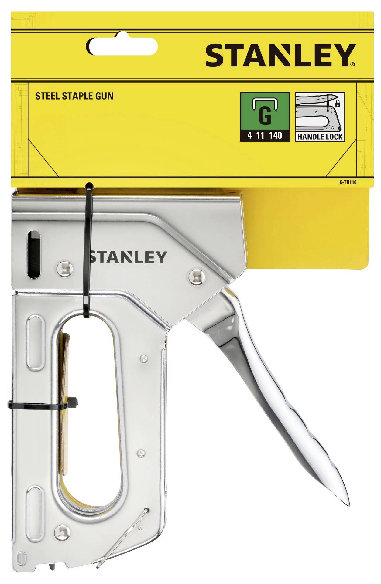 'Stanley' tűzőgép ezüst és fekete színben, sárga csomagolásban. Tartalmazza a 'Steel Staple Gun' feliratot és a tűzőkapocs szimbólumát.