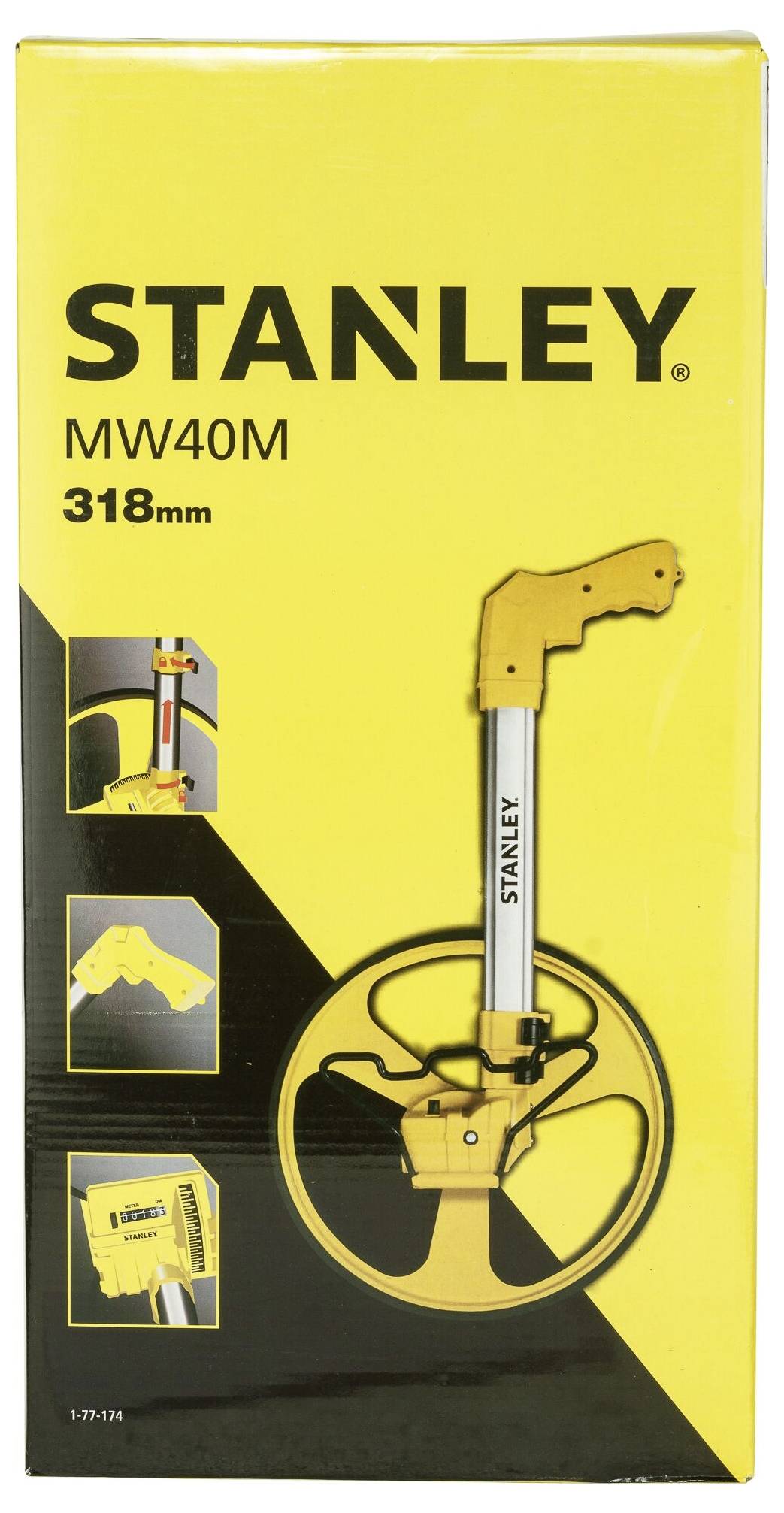 Stanley MW40M kerékméréses eszköz csomagolása, 318 mm. Sárga háttér az eszköz különböző nézetű képeivel.
