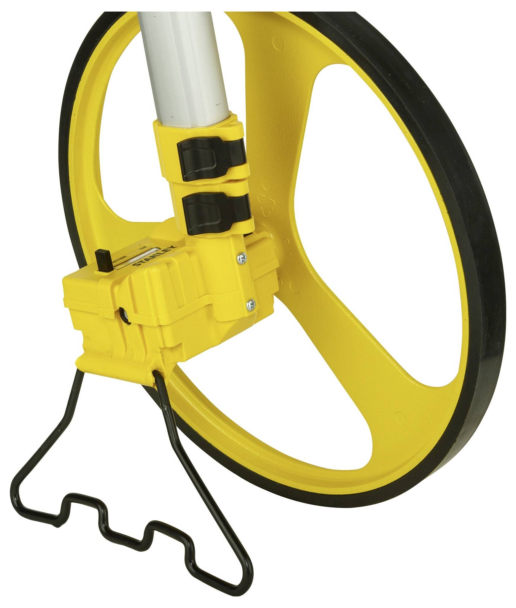 Sárga kerékkel és fogantyúval ellátott mérőkerék távolságméréshez. Kiváló építkezésekhez és terepfelmérésekhez.