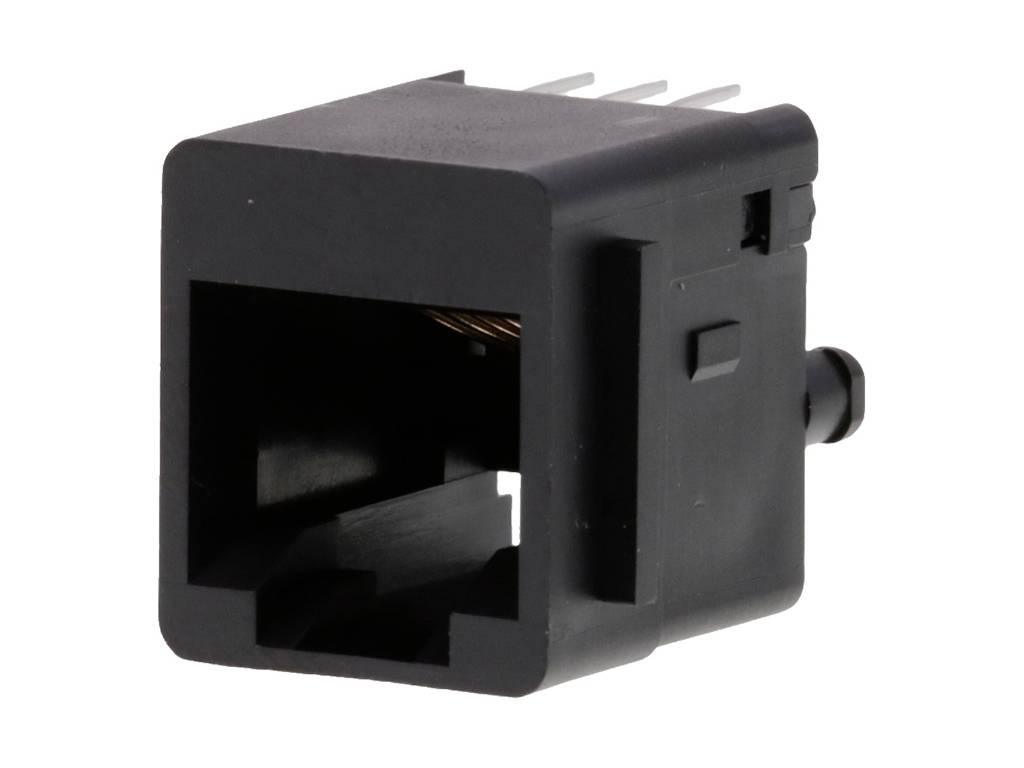 Egy fekete RJ45-es hálózati csatlakozó oldalnézetben Ethernet-kapcsolatokhoz.