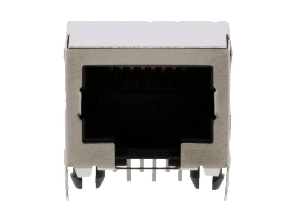 Ethernet-aljzat elölnézete, fémes, téglalap alakú, alul a csatlakozók láthatók, hálózati csatlakozásra használva.