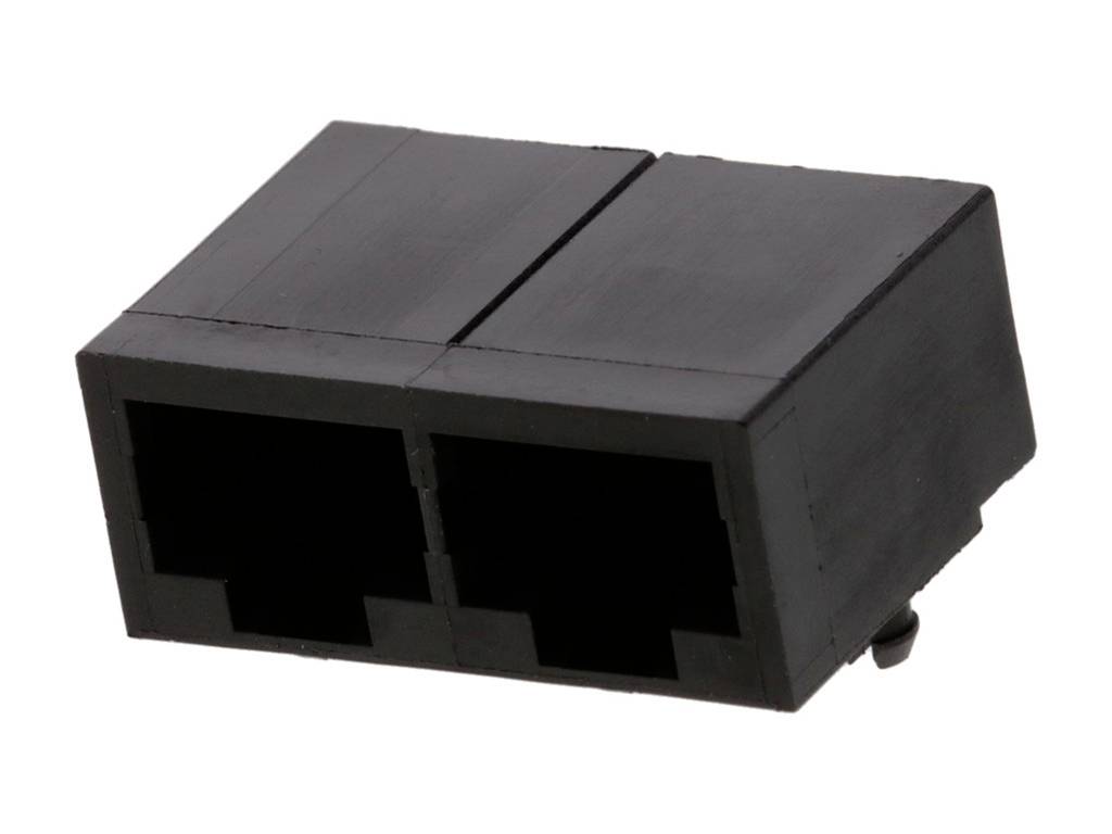 Egy fekete, kettős hálózati csatlakozómodul két porttal, RJ-45 kábelek csatlakoztatására alkalmas.