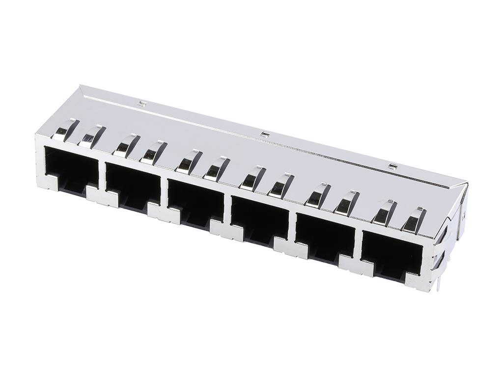Hat darabos RJ-45 csatlakozóaljzat fémházban, amelyet hálózati csatlakozásokhoz használnak.