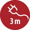 Piros kör alakú tábla, amely egy fehér elektromos dugót és kábelt mutat a „3m" felirattal, amely a 3 méteres kábelhosszat jelzi.