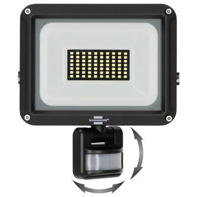 Fekete LED reflektor mozgásérzékelővel és állítható tartóval, elölnézeti képen görbült nyilakkal jelölve az elforgatást a pozicionáláshoz.