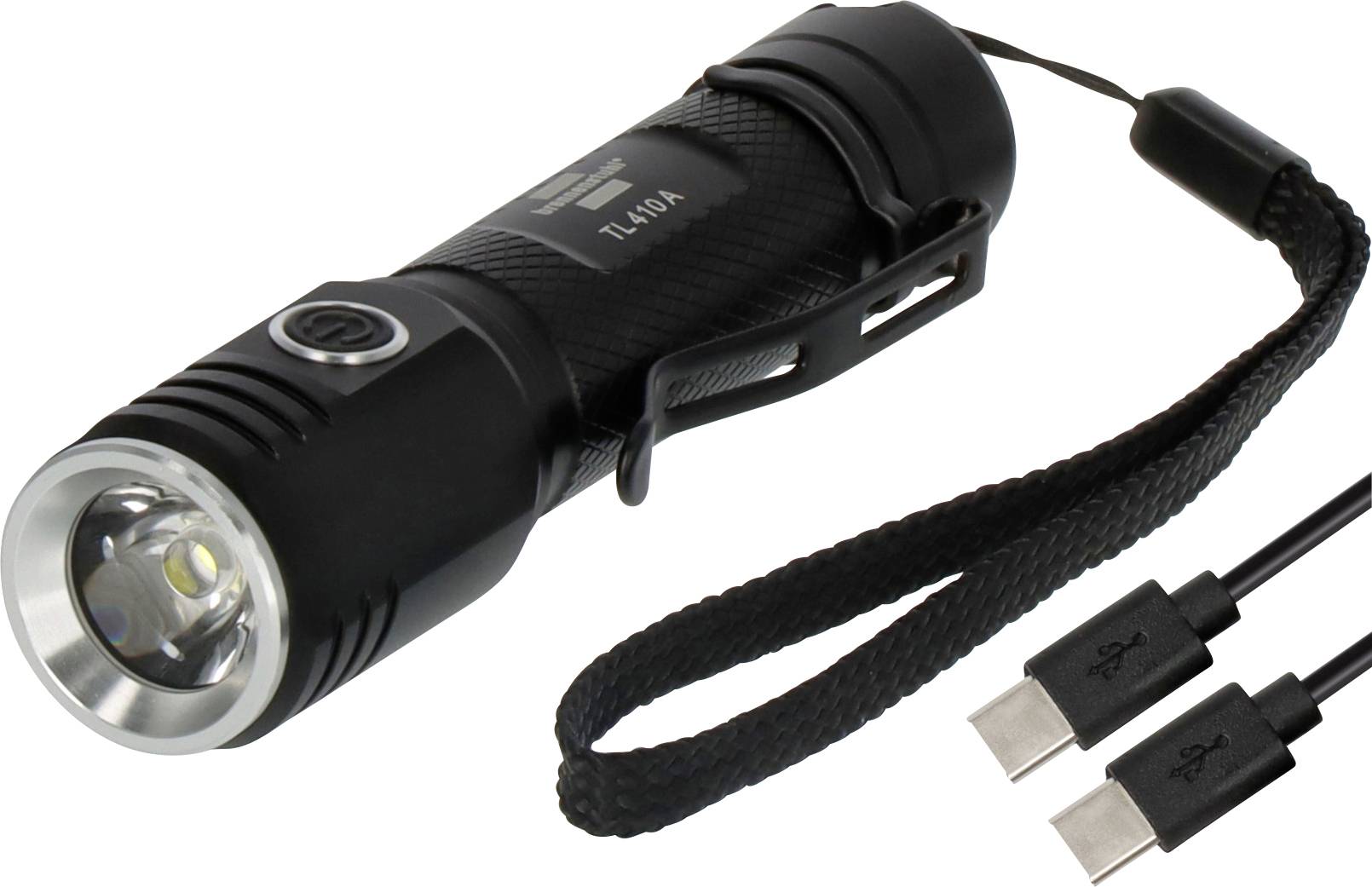 Fekete akkumulátoros elemlámpa csuklópánttal és USB töltőkábellel fehér háttéren.
