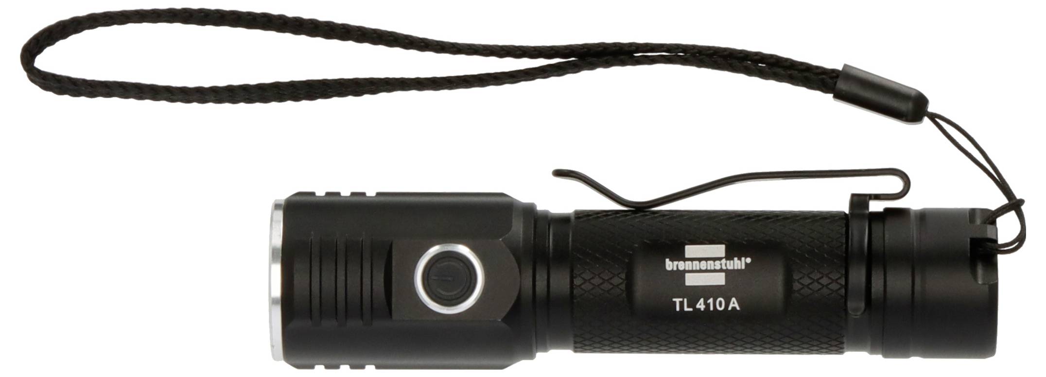 Black Brezzor TL410A zseblámpa csuklópánttal fehér háttéren.