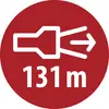 Piros kör alakú útjelzés fehér összekötő/nyíl szimbólummal és az alábbi „131m" szöveggel.