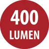 Piros kerek címke fehér szöveggel „400 LUMEN".