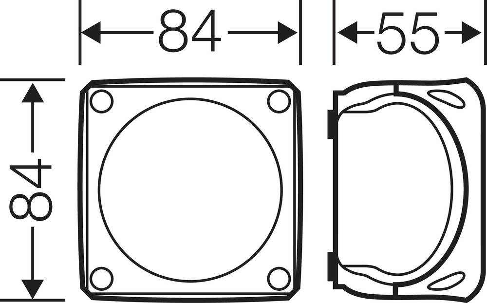 Műszaki rajz egy 84 mm oldalhosszúságú négyzetes objektumról, 55 mm mélységgel.