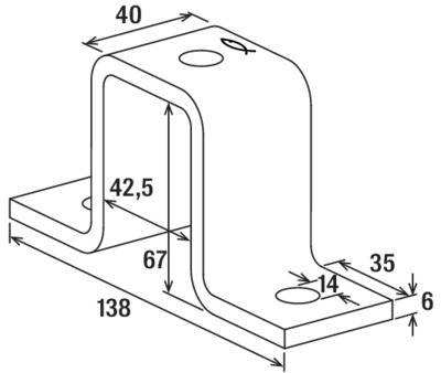 Műszaki rajz egy fém derékszögű idomról méretekkel: 138 mm hosszú, 67 mm magas. A furatok és hajlatok méretei feltüntetve.