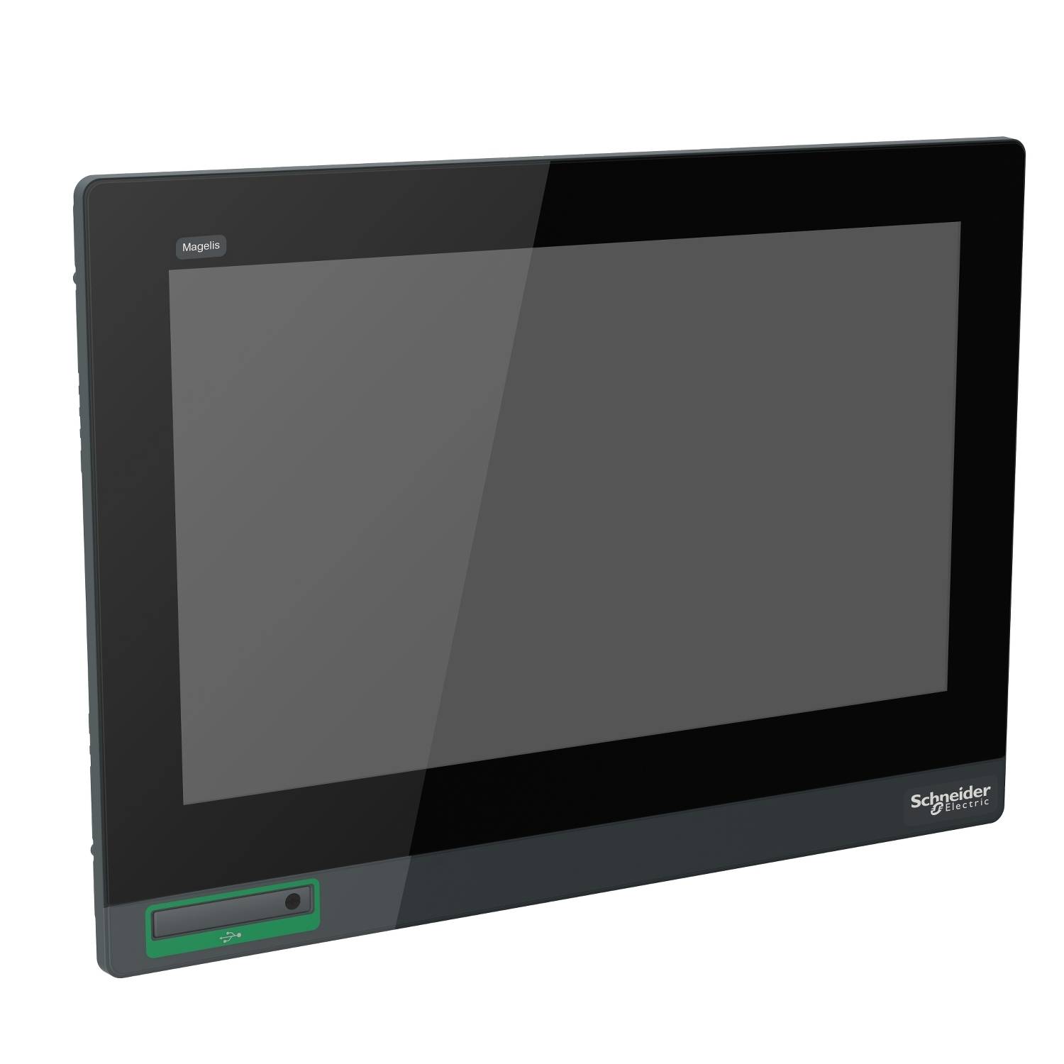 Schneider Electric ipari érintőképernyős monitora, Magelis modell, fekete kerettel és egy zöld gombbal a bal alsó sarokban.