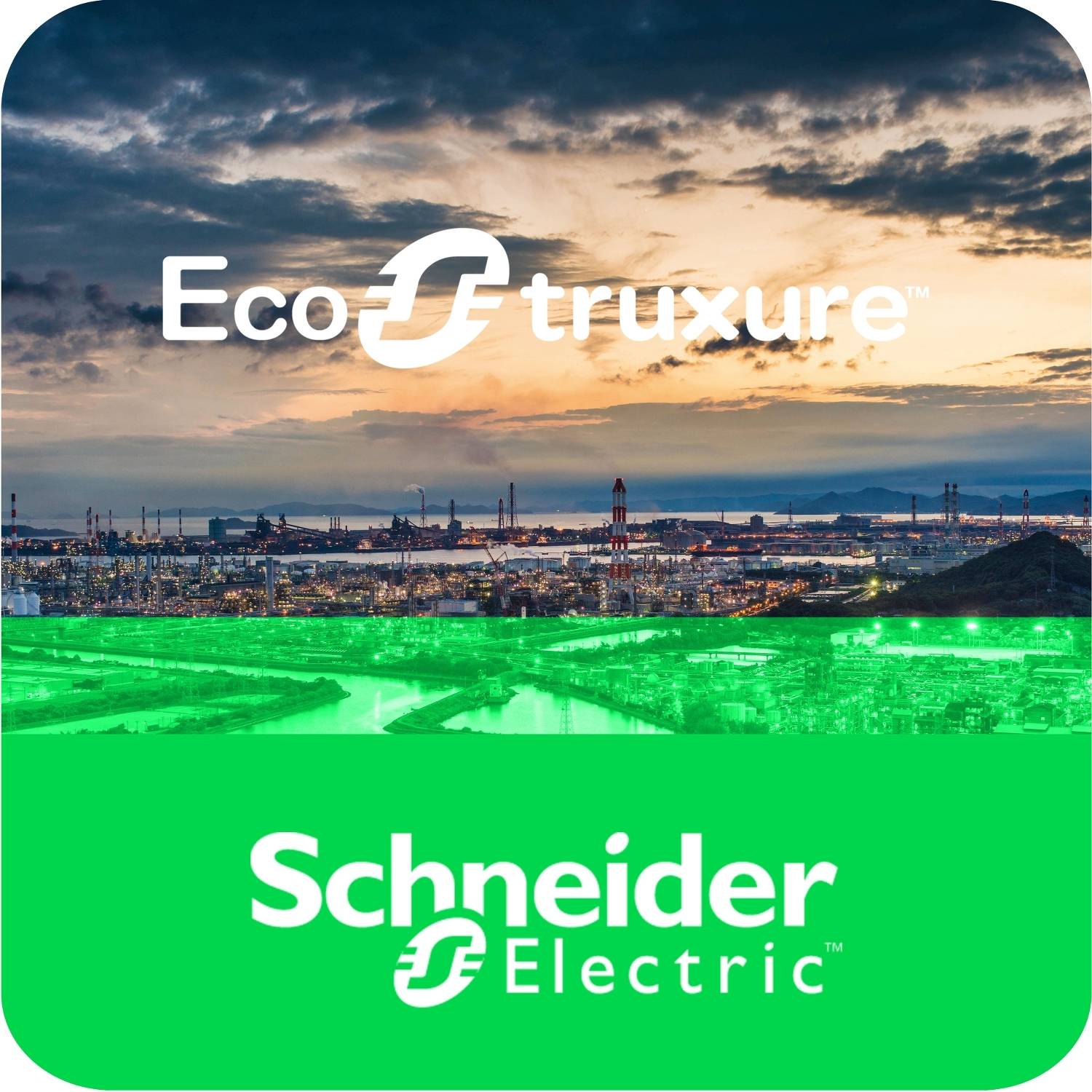 Egy város sziluettje naplementekor, amelyen az 'EcoStruxure' és a 'Schneider Electric' felirat egy zöld sáv felett látható.