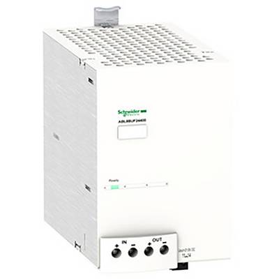 Egy Schneider Electric kapcsolóüzemű tápegység, ABL8BUF24400 modell, állapotjelzővel és be-, illetve kimeneti csatlakozókkal.