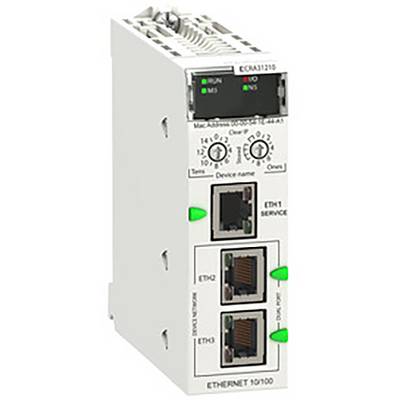 Egy fehér Ethernet-modul három Ethernet-csatlakozóval és több LED-del, amelyek az üzemi állapotot és a szolgáltatási státuszt jelzik.