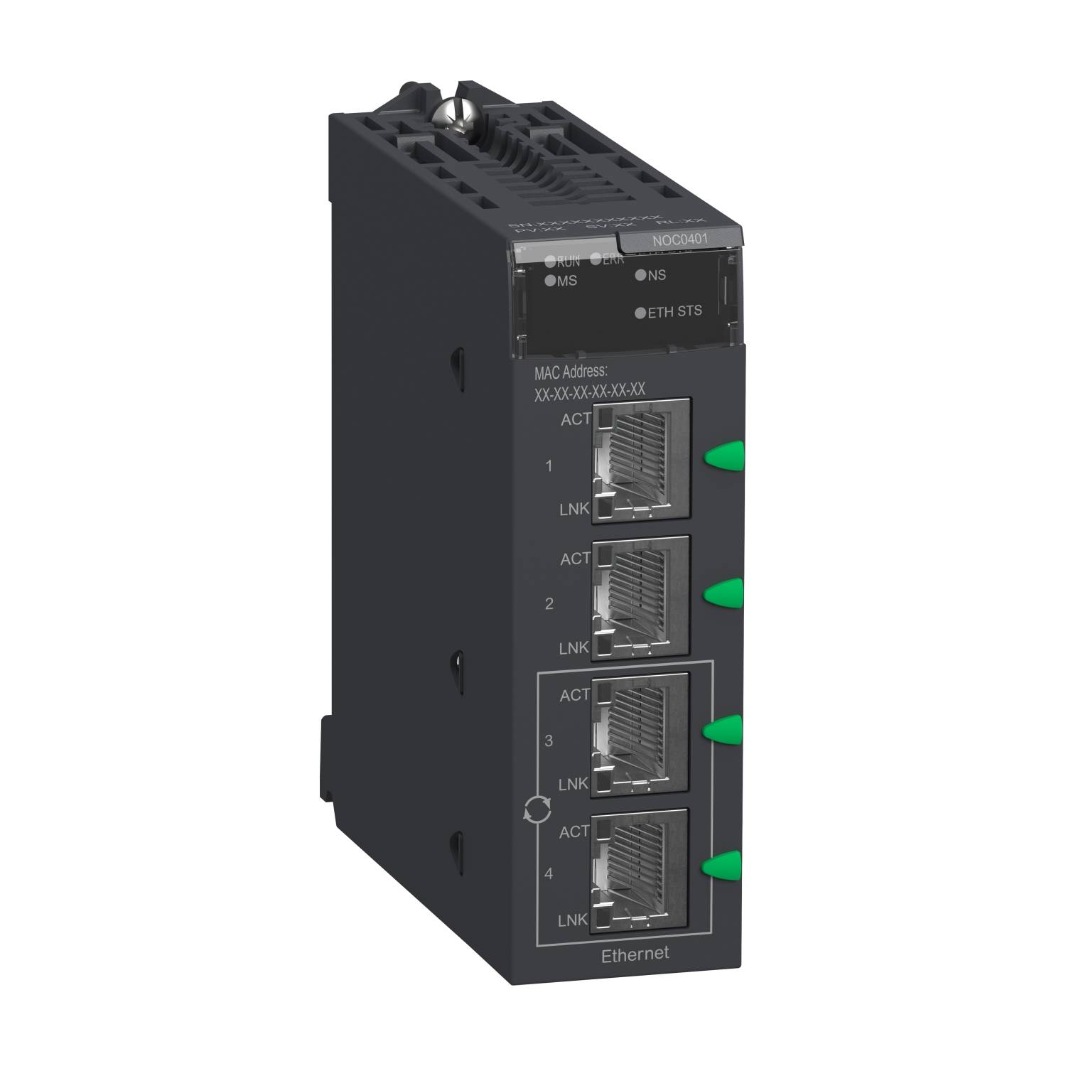 Egy fekete Ethernet-switch négy csatlakozóval, mindegyik zöld LED-állapotjelzővel az aktivitás és a kapcsolat jelzésére, hálózati eszközök számára alkalmas.