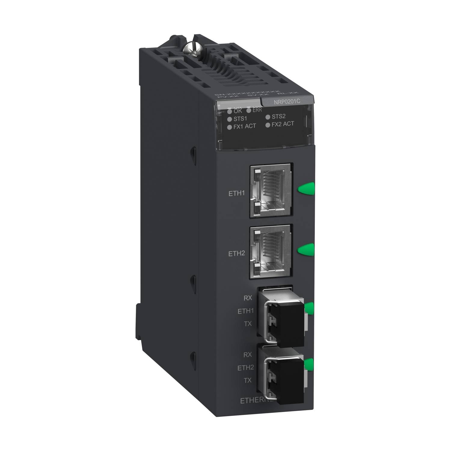 Ipari hálózati modul három Ethernet-porttal és két optikai csatlakozóval. Fekete ház zöld jelzőfényekkel.