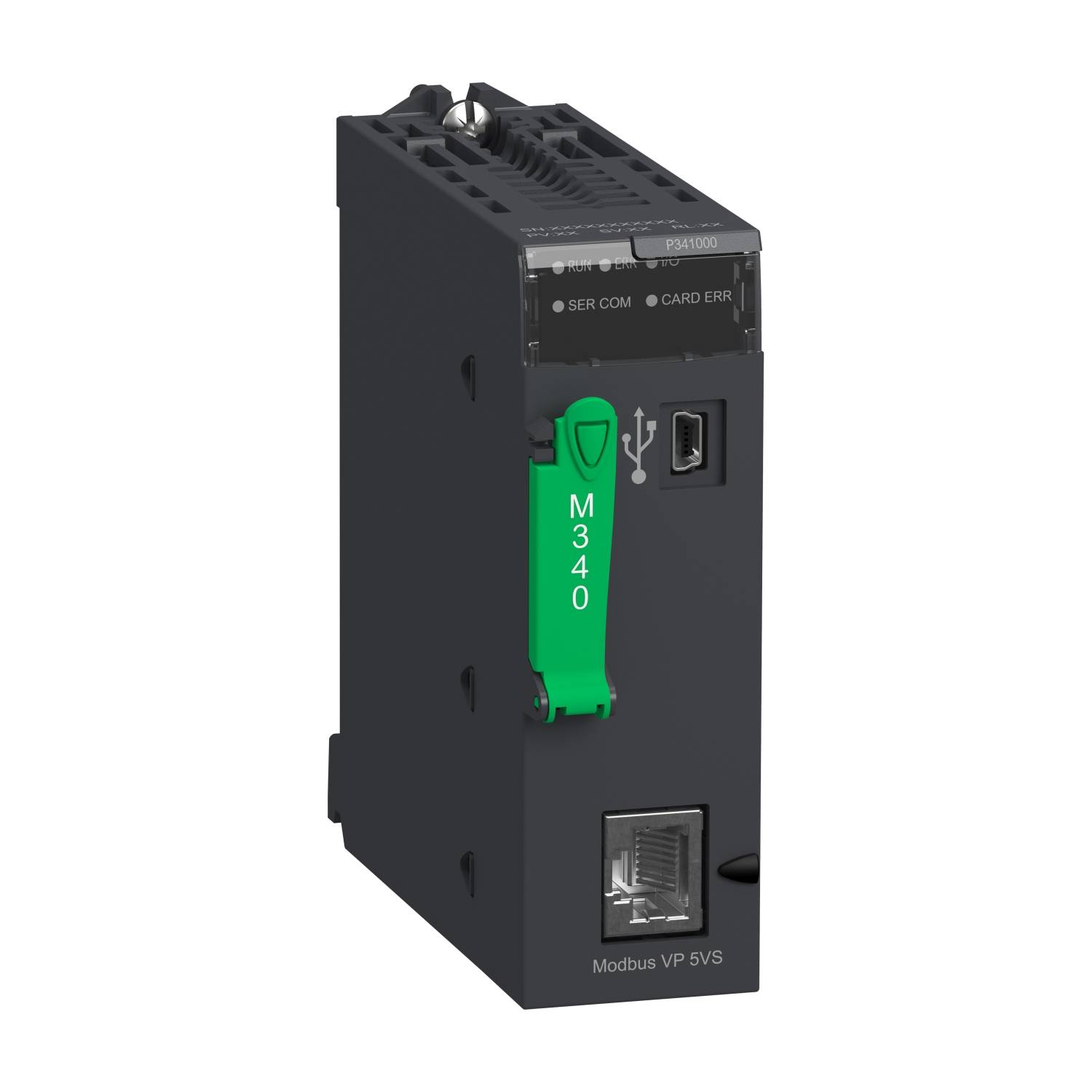 Egy fekete elektronikai modul zöld karral, USB-csatlakozóval és Ethernet-porttal, valószínűleg egy ipari vezérlőegység.