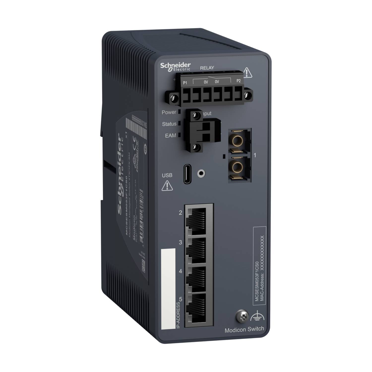 Egy Schneider Electric vezérlőegység több csatlakozóval, köztük USB és Ethernet. Ipari adatkezelésre alkalmas.