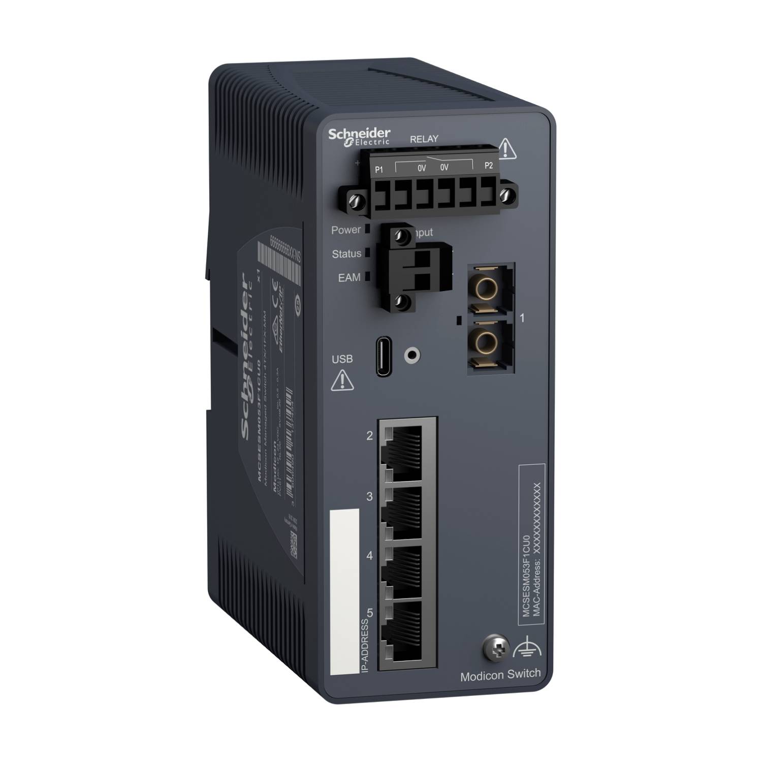 Egy szürke ipari kapcsolószekrény több csatlakozóval és LED-kijelzővel, köztük USB és Ethernet portokkal, Schneider Electric gyártmány.