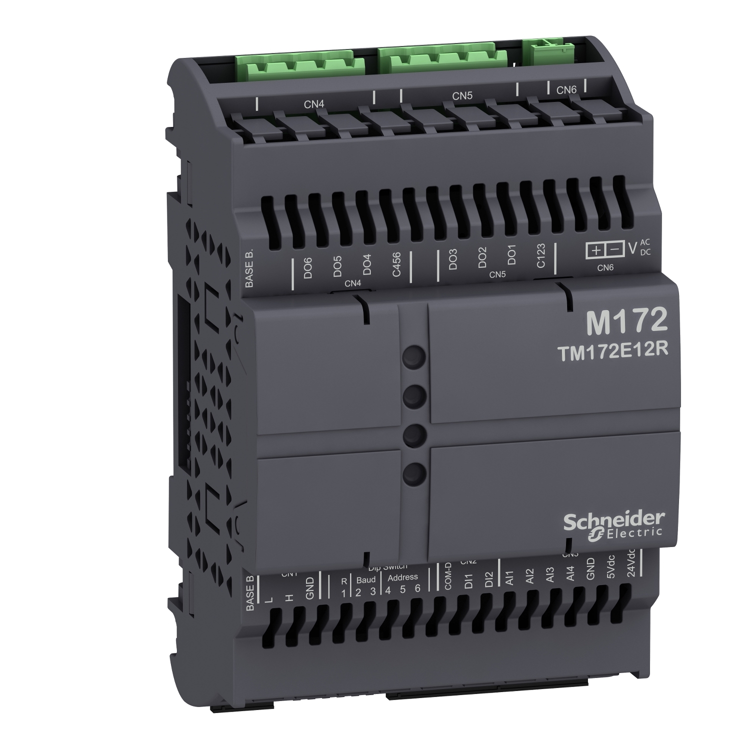 Schneider Electric programozható logikai vezérlő, TM172E12R típus, automatizálási rendszerek vezérlésére használva.