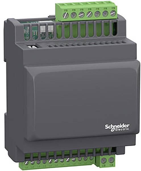 Egy Schneider Electric fekete kapcsolószekrény-modul zöld csatlakozókapcsokkal felül és alul.