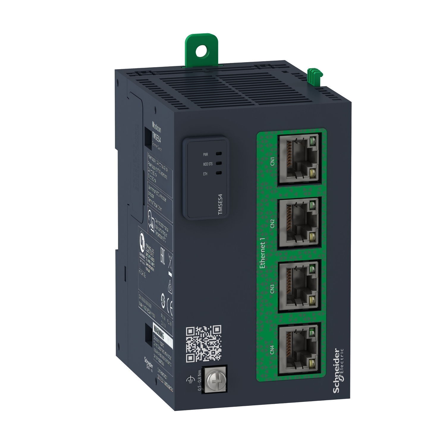 Egy négy Ethernet-porttal rendelkező Ethernet-switch, fekete házzal és zöld felirattal, Schneider Electric márka.